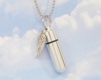 Cremation Jewelry, Cylinder Urn with Rose and Angel Wing Charm || Memorial Necklace || Ashes Keepsake || Engravable