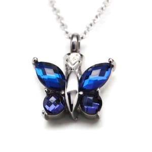 Sapphire Blue Color CZ Butterfly Cremation Urn Necklace || September Birthstone || Ashes Keepsake