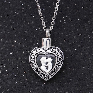 Mother and Child Heart Urn Necklace || Black and White Ashes Keepsake || Engraveable Cremation Jewelry || Chain Choice