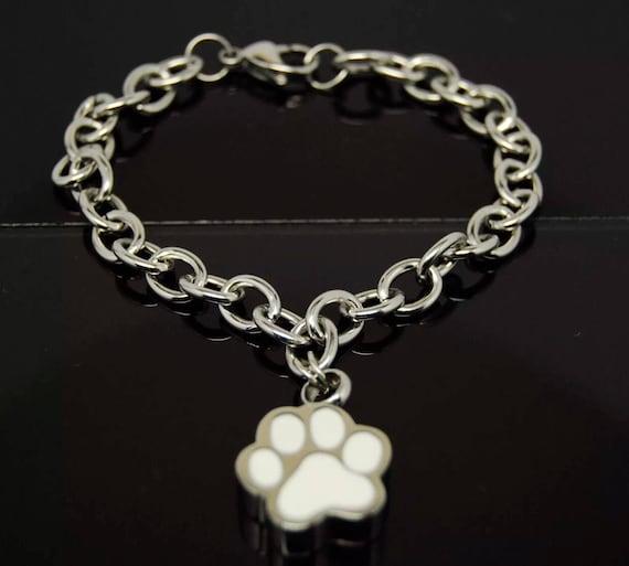Pet Cremation Bracelet, White Paw Urn on Adjustable Rolo Link Bracelet || Condolence Gift || Dog or Cat Ashes Holder