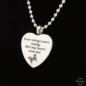 Cremation Urn Necklace, Butterfly Heart Engraved Your Wings were ready But my heart was not Chain Choice image 6