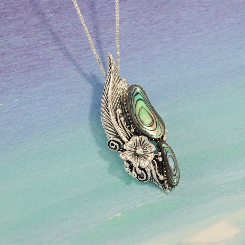 Support Jewelry Fine Religious Paua Shell Feather Necklace in 925 Sterling Silver Limited /& Unique