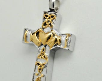 Claddagh Cross Cremation Urn Necklace || Celtic Ashes Keepsake || Irish Memorial