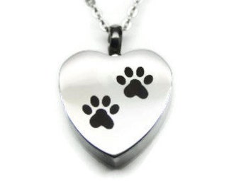 Paw Heart Urn Necklace in Stainless Steel || Dog or Cat Ashes Keepsake || Chain Choice || Engraveable Pet Memorial || Cremation Jewelry