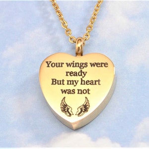 Cremation Urn Necklace, Yellow Gold Angel Wings Heart Engraved "Your Wings were ready But my heart was not" || Memorial Jewelry