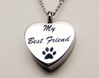 Pet Urn Necklace || "My Best Friend" Heart Ashes Keepsake || Cremation Jewelry for Pets || Engravable Pet Memorial Necklace