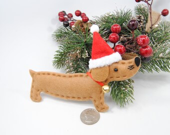 Dachshund Christmas Ornament, Christmas Decoration, Felt Dachshund with Santa Hat, Doxie Decoration, Red Brown Tan, Black, White, Grey