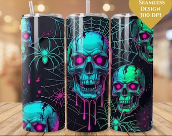 May include: Three black 20 oz. stainless steel tumblers with a spooky Halloween design. The design features neon green and blue skulls, spiders, and spiderwebs. The text "DIGITAL DOWNLOAD - COMMERCIAL USE" is at the bottom.