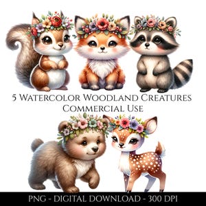 Woodland Animals Clipart Watercolor, Cute Creature Clipart Set, Nursery Clipart Transparent PNGs, Fox, Bear, Deer Sublimation Design Files