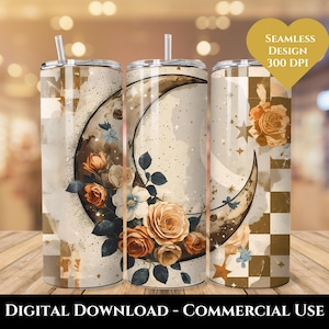 Fall Floral Crescent Moon Tumbler Wrap, Fall Tumbler Wrap png, Retro Floral Fall png, 20 0z skinny tumbler sublimation design, Checkered png