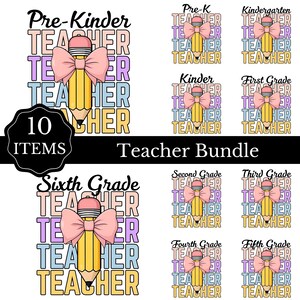 Puede incluir: Gráfico de un paquete de profesores con 10 elementos. El diseño presenta un lápiz amarillo con un lazo rosa y la palabra "Profesor" en varios niveles de grado, incluyendo Pre-Kinder, Kindergarten y Sexto Grado. También está presente el texto "Paquete de profesores".