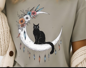 Celestial Cat PNG: Floral Boho Galaxy Design (Digital Download