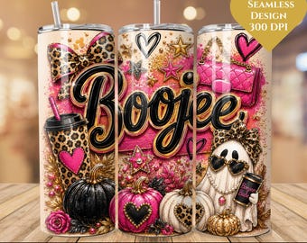 May include: A cylindrical tumbler wrap design featuring the word Boojee in black script with gold outlines. The background includes pink and gold glitter, leopard print bows, a pink quilted handbag, a ghost wearing leopard print, and pumpkins.