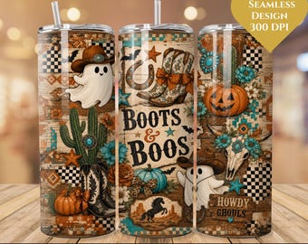 May include: Three cylindrical tumblers featuring a western-themed Halloween pattern with ghosts wearing cowboy hats, cacti, pumpkins, cowboy boots, and a cow skull. The central tumbler displays the text Boots & Boos, while another reads Howdy Ghouls.