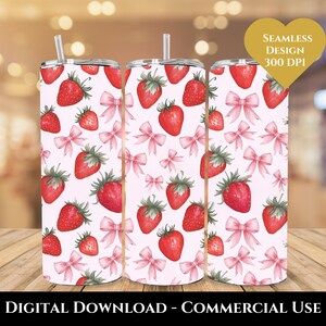 Strawberry Coquette Sublimation Tumbler Wrap, Watercolor Coquette Bow PNG, 20 oz Skinny Tumbler Digital Design, Strawberries and Bows PNG