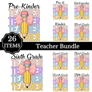 Puede incluir: Gráfico de un paquete de profesores con un lápiz con un lazo rosa y el texto "Pre-Kinder Teacher". La imagen incluye gráficos para profesores de preescolar a sexto grado.