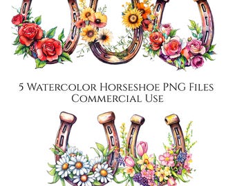 Clipart aquarel bloemen hoefijzer: westerse png-set (digitale download)