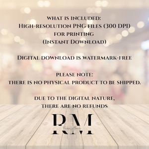 May include: Text on a wooden surface includes "WHAT IS INCLUDED", "HIGH-RESOLUTION PNG FILES (300 DPI)", and "DIGITAL DOWNLOAD IS WATERMARK-FREE". The Rose Moon Designs Co. logo is at the bottom.