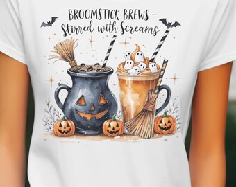 Halloween Coffee Clipart PNG: Broomstick Brews, Pumpkin Spice Latte (Digital Download