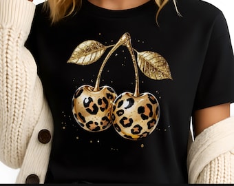 Leopard Print Cherries PNG, Gold Stem Fruit Sublimation Design, Glam Wild Cherry Digital Download, Trendy Animal Print Clipart, Cherry png