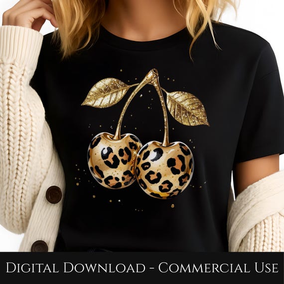 Leopard Print Cherries PNG, Gold Stem Fruit Sublimation Design, Glam Wild Cherry Digital Download, Trendy Animal Print Clipart, Cherry png