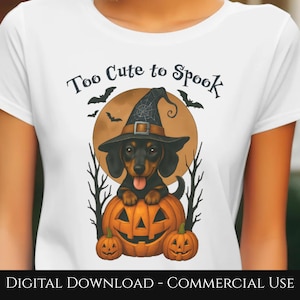 May include: White t-shirt featuring a Halloween-themed graphic. The design includes a dachshund wearing a witch hat, perched on a carved pumpkin, with bats and the text "Too Cute to Spook". The design is in shades of orange, black, and brown.