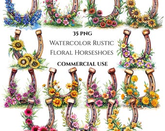 Watercolor Floral Horseshoe Clipart Bundle: Western Graphics (PNG Digital Download)