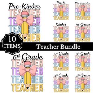 Teacher Coquette Pencil PNG Bundle, Back to School PNG Bundle, Teacher Tshirt png, Grade Level png, Preppy Teacher Bundle PNG, Digital File