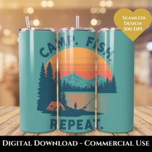 May include: Three teal-colored insulated tumblers with a camping and fishing design. The design features a sunset over a lake with mountains, trees, a tent, and a person fishing. The words "CAMP. FISH. REPEAT." are printed on the tumblers. The tumblers have a straw and a lid.
