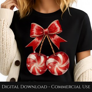 May include: Black t-shirt featuring a watercolor design of two cherries with red and white candy cane swirls, connected by a red bow. The text "DIGITAL DOWNLOAD - COMMERCIAL USE" is at the bottom of the image.