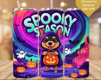 Zabawny Halloweenowy Pies Tumbler Wrap, Upiorny Sezon 20 oz Skinny Tumbler Sublimacja PNG Design, Halloween Pies PNG, Pobieranie cyfrowe