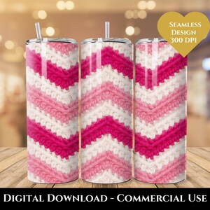 May include: Three stainless steel tumblers with a pink, white, and fuchsia chevron pattern. Each tumbler has a silver lid and a straw. The tumblers are decorated with a seamless design and the text "DIGITAL DOWNLOAD - COMMERCIAL USE".