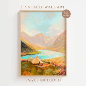 Pastel Camping Digital Art Print,Aesthetic Mountain Hiking Printable Wall Art,Adventure Nature Landscape Poster,Floral Travel Wall Art Decor