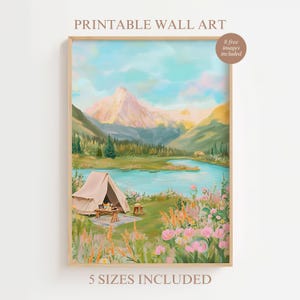 Pastel Camping Digital Art Print,Aesthetic Mountain Hiking Printable Wall Art,Adventure Nature Landscape Poster,Floral Travel Wall Art Decor
