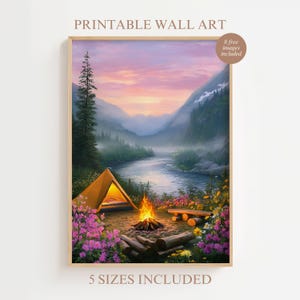 Tent Campfire Art Print Digital, Wildflower Mountain River Wall Art, Camping Landscape Printable Artwork, Peaceful Nature Scene Wall Print