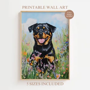 Rottweiler Blumen Kunstdruck Digital, Frühling Rottweiler Wandkunst, Wildblumen Hund druckbare Kunst, Hunde Haustier Porträt, Rottweiler Hundeliebhaber Dekor