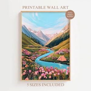 Spring Camping Art Print Digital, Wildflower Mountain Landscape Wall Art, Tent and Picnic Scene Printable,Nature Adventure Decor,Camp Poster