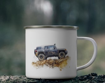 May include: A white enamel mug with a watercolor illustration of a black off-road vehicle driving through a muddy terrain.