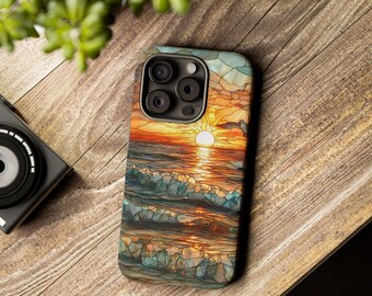 Stained Glass Sunset Ocean iPhone Case: Vibrant Beach Accessory