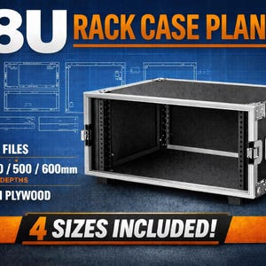 May include: An 8U rack case plan with CNC DXF files. The image shows a black rack case with silver metal corners and handles. The plans include depths of 300, 400, 500, and 600mm for 9mm plywood. The text says "4 SIZES INCLUDED!"