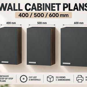 Pode incluir: Planos de armários de parede com três gabinetes cinza-escuro e puxadores prateados. As dimensões são 400, 500 e 600 mm de largura por 720 mm de altura. Inclui etiquetas de PDF, lista de corte, materiais, vistas 3D e download.