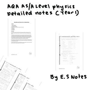 Könnte beinhalten: AQA AS/A Level Physik detaillierte Notizen für das Jahr 1. Die Notizen sind nach Themen geordnet und beinhalten Diagramme und Beispiele. Die Notizen wurden von E.S. Notes verfasst.