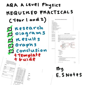 May include: A checklist of required AQA A Level Physics practicals for Year 1 and 2. The checklist includes research, diagrams, results, graphs, and conclusion. The image also includes a template and guide for the practicals.