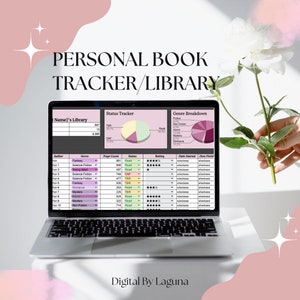 Könnte beinhalten: Ein Laptop-Bildschirm zeigt eine persönliche Buch-Tracker- und Bibliotheks-Tabelle. Die Tabelle enthält Spalten für Autor, Genre, Seitenzahl, Status, Bewertung, Startdatum und Enddatum. Die Tabelle ist nach Genre sortiert und enthält ein Kreisdiagramm, das die Aufschlüsselung der gelesenen Genres zeigt. Die Tabelle enthält auch ein Kreisdiagramm, das den Status der gelesenen, zu lesenden und abgebrochenen Bücher zeigt.