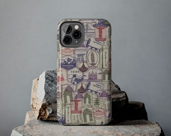 Estuche para teléfono con sellos de viaje / Collage de sellos coloridos / Estuche resistente para teléfono