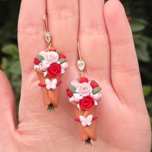 Mother&#39;s Day Gift, Anniversary, Gift for Her, Bouquet Earrings, Handmade Flowers, Red Roses, Whimsical Earrings, Polymer Clay Floral Earring