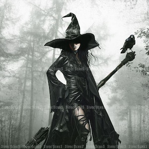 Lámina artística de bruja gótica: Decoración caprichosa del bosque de Dark Academia. Título: «Mujer bruja»