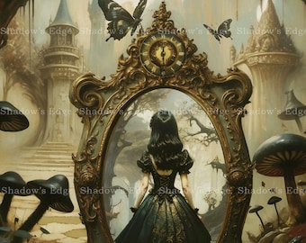 Alice Through the Looking Glass Giclee Art Print | Dark Gothic Fantasy Wonderland Wall Art