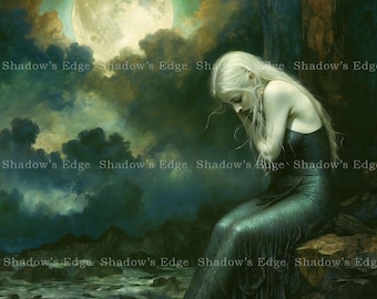 Siren Giclee Art Print, Dark Ocean Goddess Wall Art, Gothic Coastal Decor