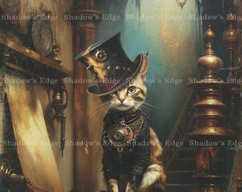 Steampunk Cat Giclee Art Print – Whimsical Fantasy Wall Decor